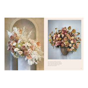 Two "Art of the Flower" arrangements by Common Ground: one with soft white and beige blooms, and a fuller display of pink, tan, and brown flowers in a gray vase inspired by Jeff Leatham’s iconic style.