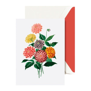 The Crane Modern Vintage Dahlia Note Card Set features greeting cards with vintage floral dahlia illustrations and includes white envelopes with red interiors.