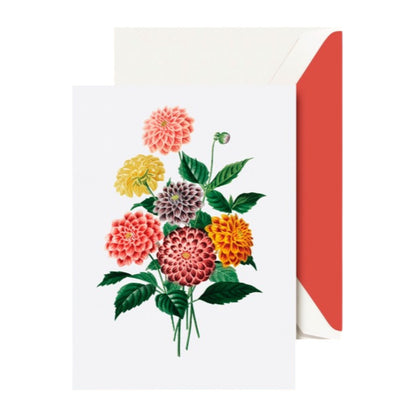 The Crane Modern Vintage Dahlia Note Card Set features greeting cards with vintage floral dahlia illustrations and includes white envelopes with red interiors.