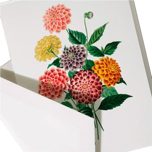 The Crane Modern Vintage Dahlia Note Card Set showcases colorful vintage dahlia and green leaf illustrations on white—ideal for dahlia stationery lovers or sending floral-themed notes.