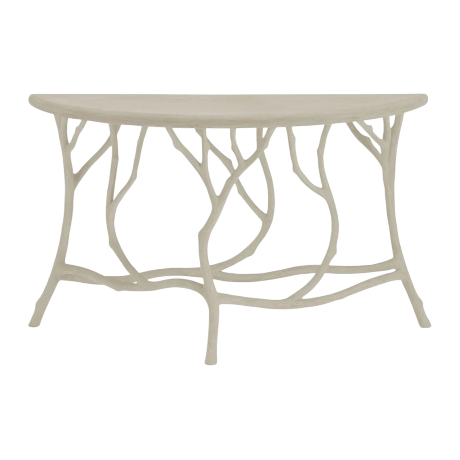 The Hidcote Console Table by Currey and Company features a light-colored, half-moon top with branch-like legs in an organic faux bois design.
