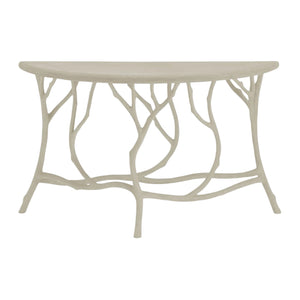 The Hidcote Console Table by Currey and Company features a light-colored, half-moon top with branch-like legs in an organic faux bois design.
