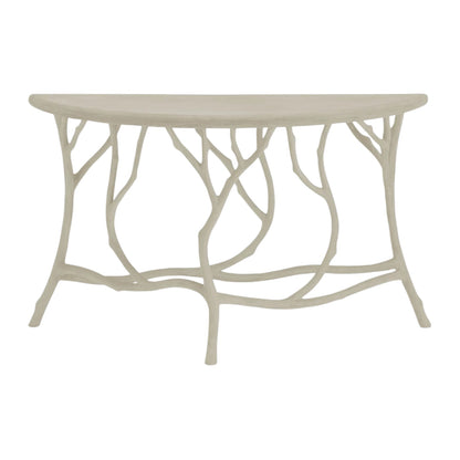 The Hidcote Console Table by Currey and Company features a light-colored, half-moon top with branch-like legs in an organic faux bois design.