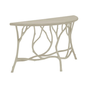 The Hidcote Console Table by Currey and Company features a semi-circular faux bois design with a smooth top and branch-inspired legs in uniform light beige, ideal for use as an indoor or outdoor console table.