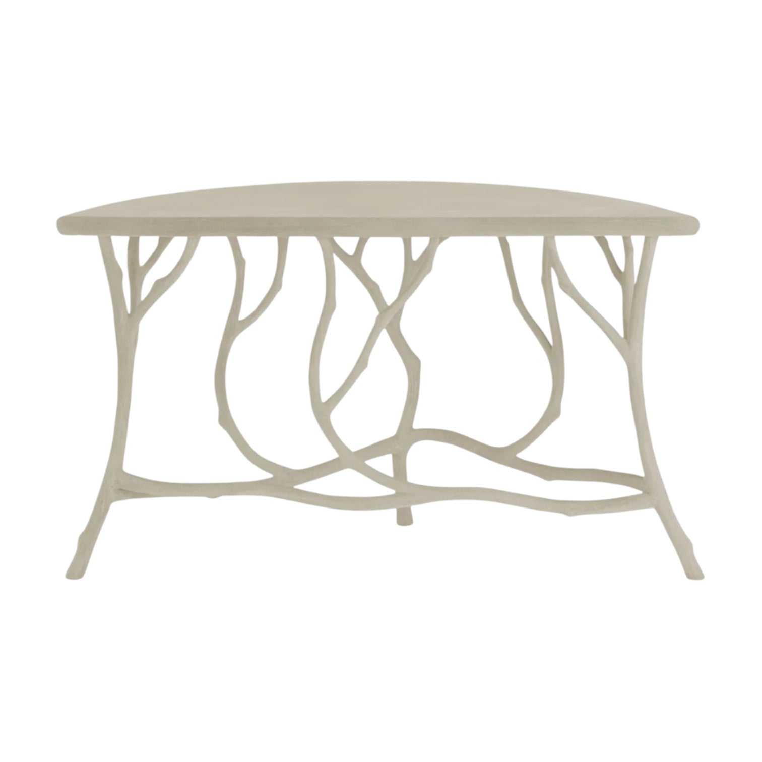 The Hidcote Console Table by Currey and Company features a cream-colored faux bois finish, a smooth top, and a base designed to look like intertwining tree branches.