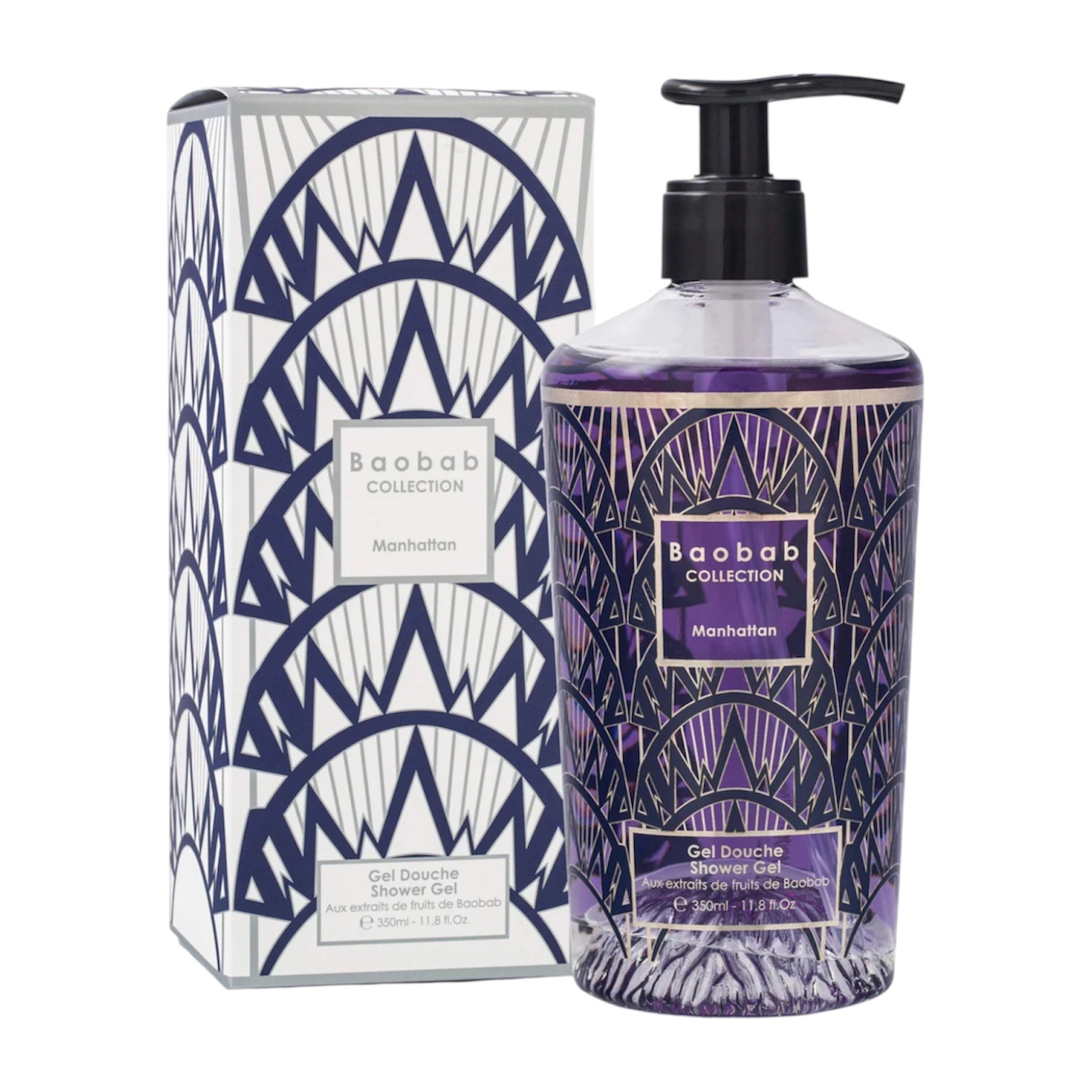 A pump bottle and box of Baobab Collection Manhattan Body Wellness shower gel by Baobab, featuring fresh-scented purple gel and art deco geometric designs on both the packaging and label.
