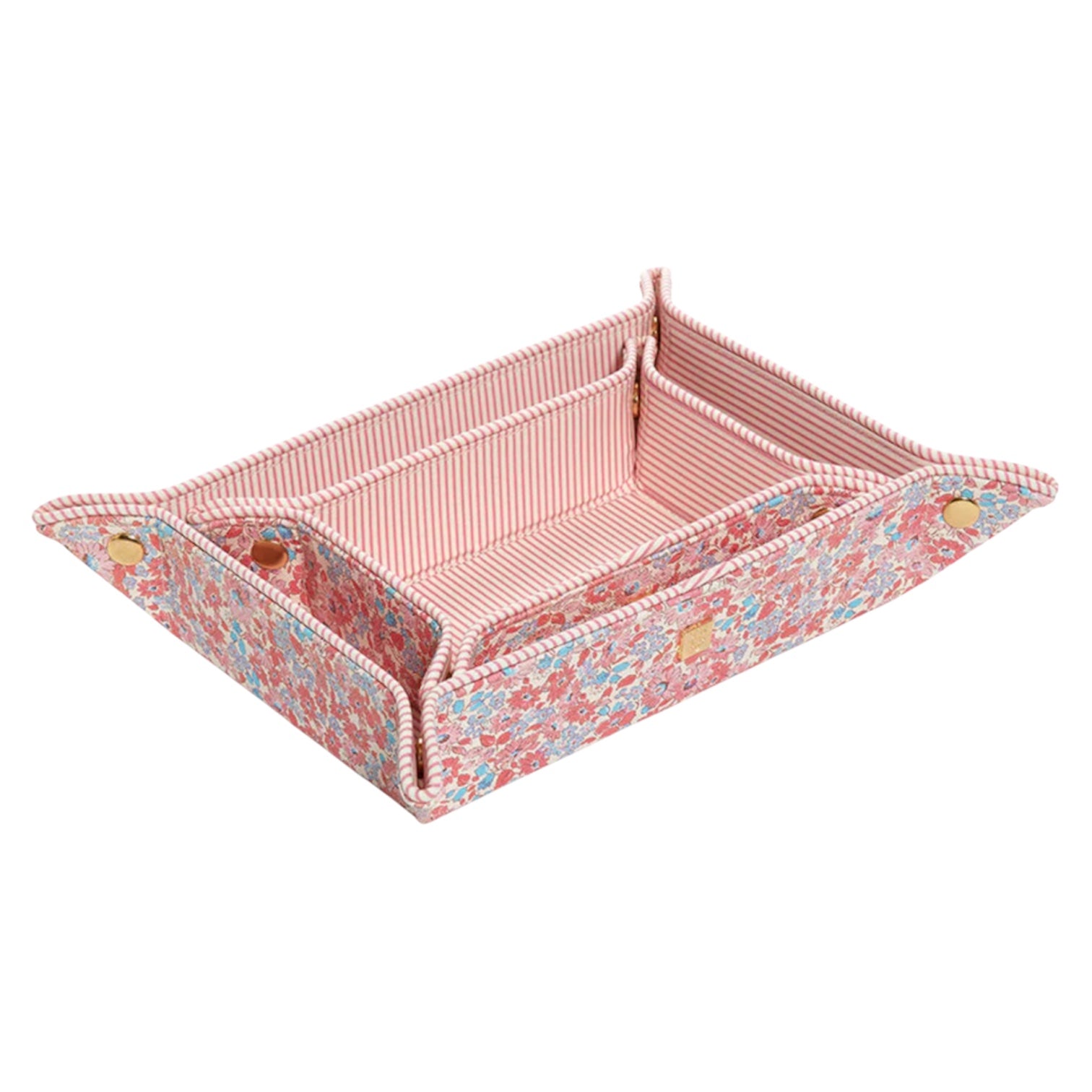 The Luxe Saffiano Tray Set by TRVL Design features a rectangular travel valet tray with a pink floral exterior, pink striped interior, raised sides, and gold snap buttons at the corners.
