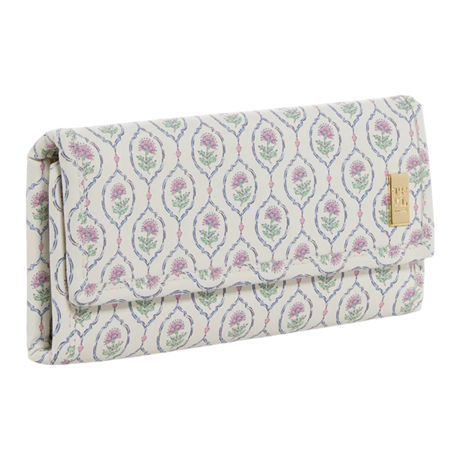 The TRVL Design Luxe Jewelry Wallet features a rectangular shape, pastel floral pattern, fold-over flap, and gold-tone metal label—making it the ideal travel jewelry organizer.