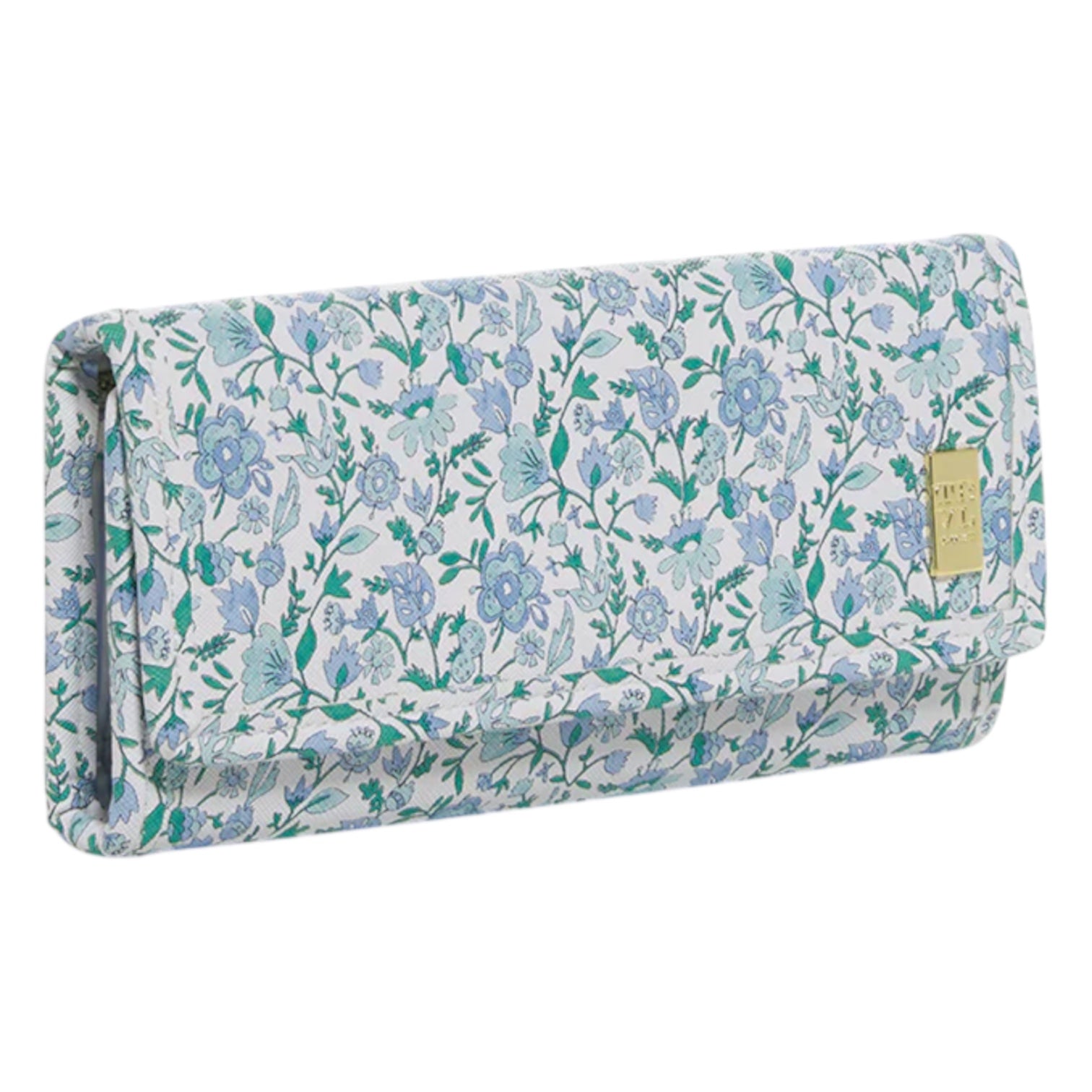 The TRVL Design Luxe Jewelry Wallet is a rectangular case with a blue and green floral pattern and a gold-tone accent plate—perfect for storing your jewelry while traveling.