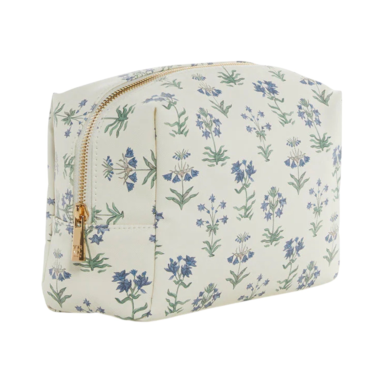 The Luxe Everyday Cosmetic Bag by TRVL Design is a rectangular cream-colored bag featuring a gold zipper and a pattern of small blue and green flowers.