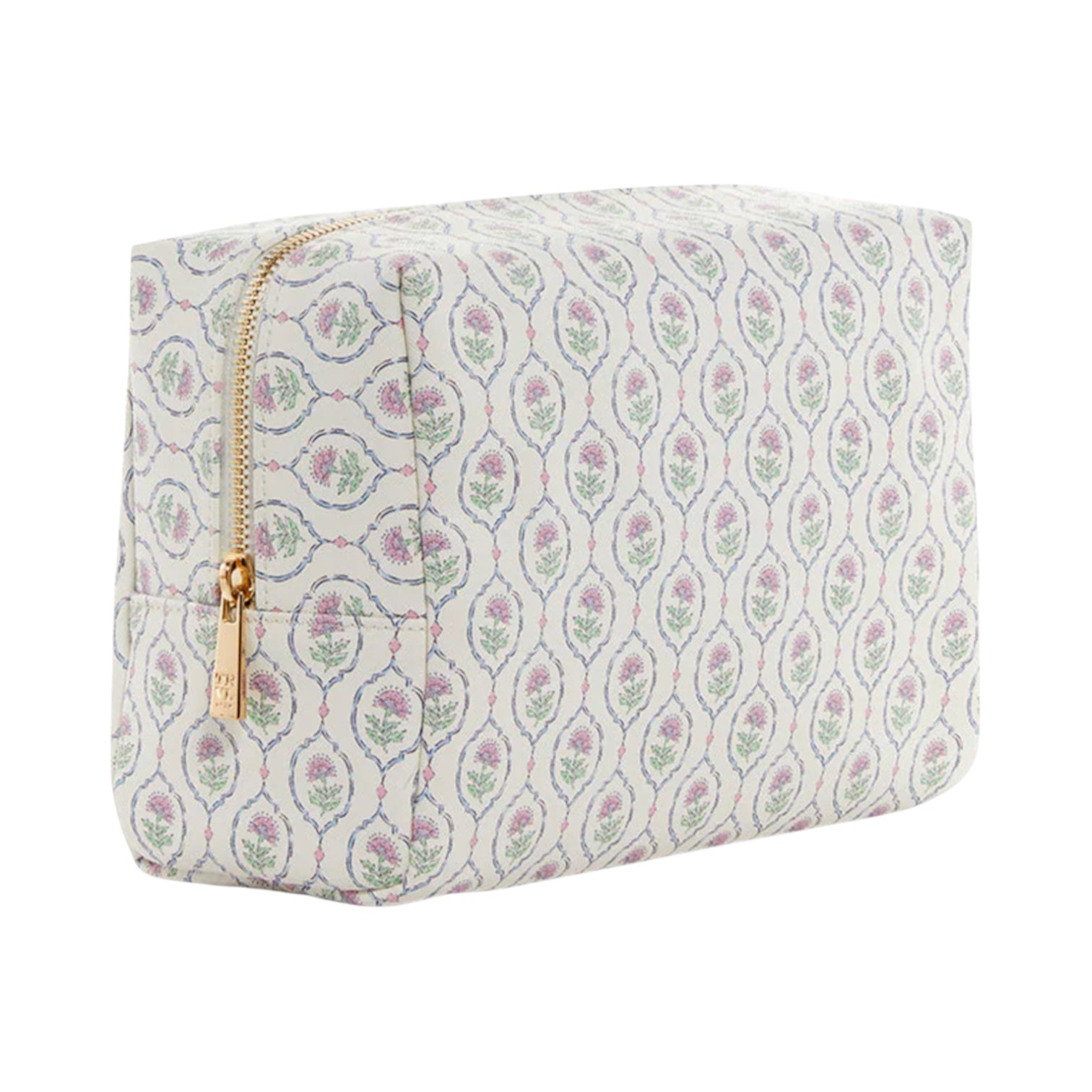 The Luxe Everyday Cosmetic Bag by TRVL Design features a pastel floral pattern on white and a gold zipper, making it a stylish and practical choice for carrying cosmetics or daily essentials.