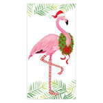 The Caspari Christmas Flamingos Money Holder features a pink flamingo with a Santa hat, festive wreath, and candy cane-striped legs, surrounded by green leaves—printed in the USA on premium cardstock, perfect for holiday gifting.