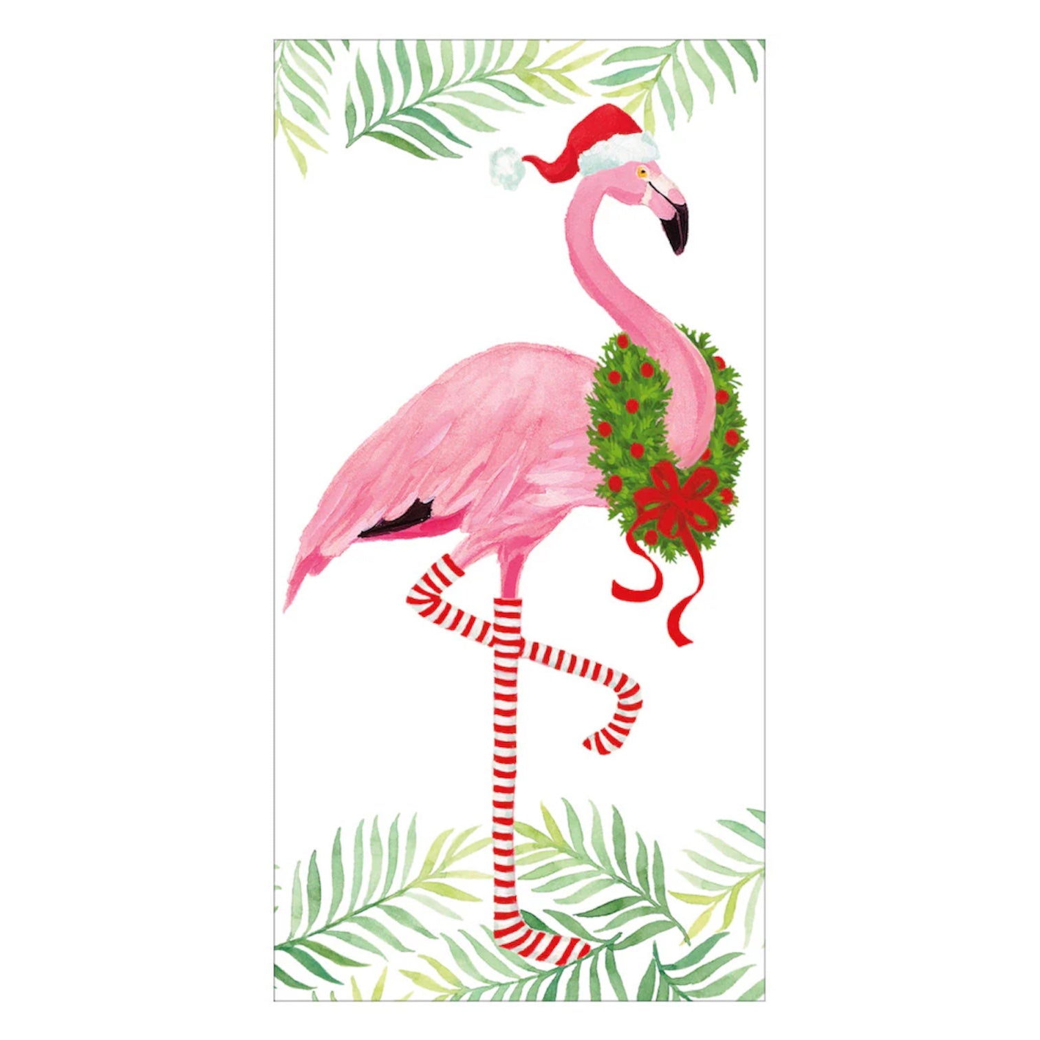 The Caspari Christmas Flamingos Money Holder features a pink flamingo with a Santa hat, festive wreath, and candy cane-striped legs, surrounded by green leaves—printed in the USA on premium cardstock, perfect for holiday gifting.