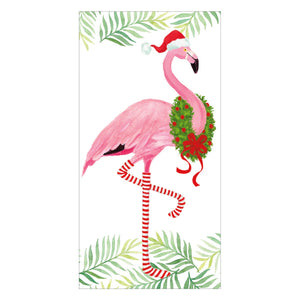 The Caspari Christmas Flamingos Money Holder features a pink flamingo with a Santa hat, festive wreath, and candy cane-striped legs, surrounded by green leaves—printed in the USA on premium cardstock, perfect for holiday gifting.