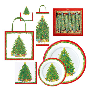 Caspari's Christmas Tree Collection features plates, napkins, bags, and party crackers—all decorated with festive Christmas trees and crafted with exceptional design.