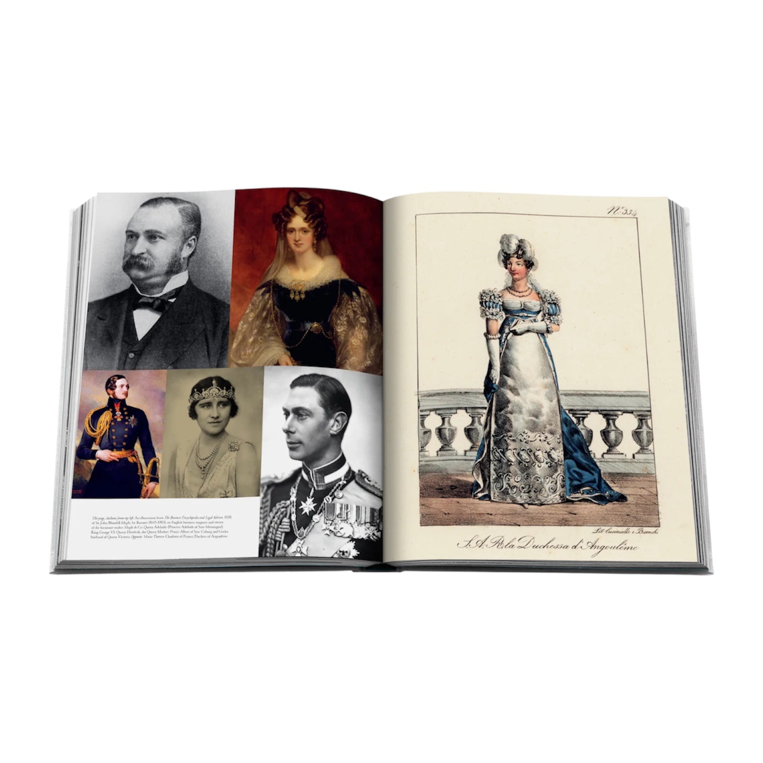 An open book from Assouline displays historical portraits on the left and, on the right, a full-body illustration of a woman in formal attire, capturing the elegance and hospitality of The Connaught Hotel.