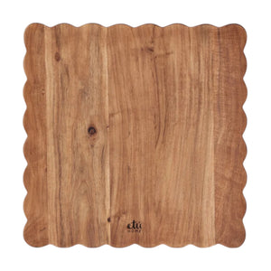 The etúHOME Scalloped Serving Board, Large Square, features scalloped edges, a natural Acacia wood grain, and a small "etu HOME" logo on the lower edge—offering style and durability for your kitchen.