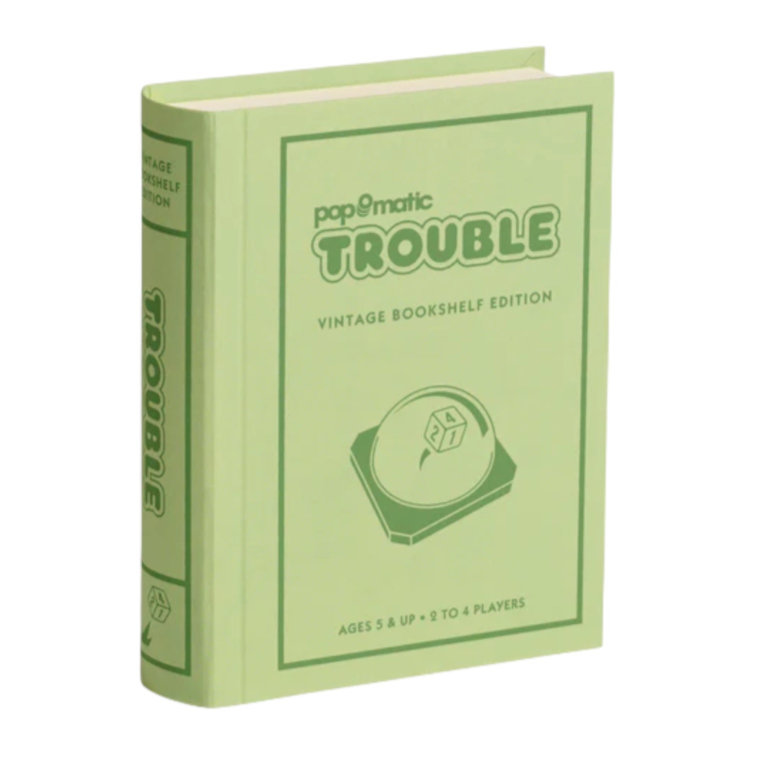 The WS Game Company Vintage Bookshelf Board Games includes a green, fabric-wrapped Pop-O-Matic Trouble box featuring the game's popper illustration—a striking piece in their classic board game collection.