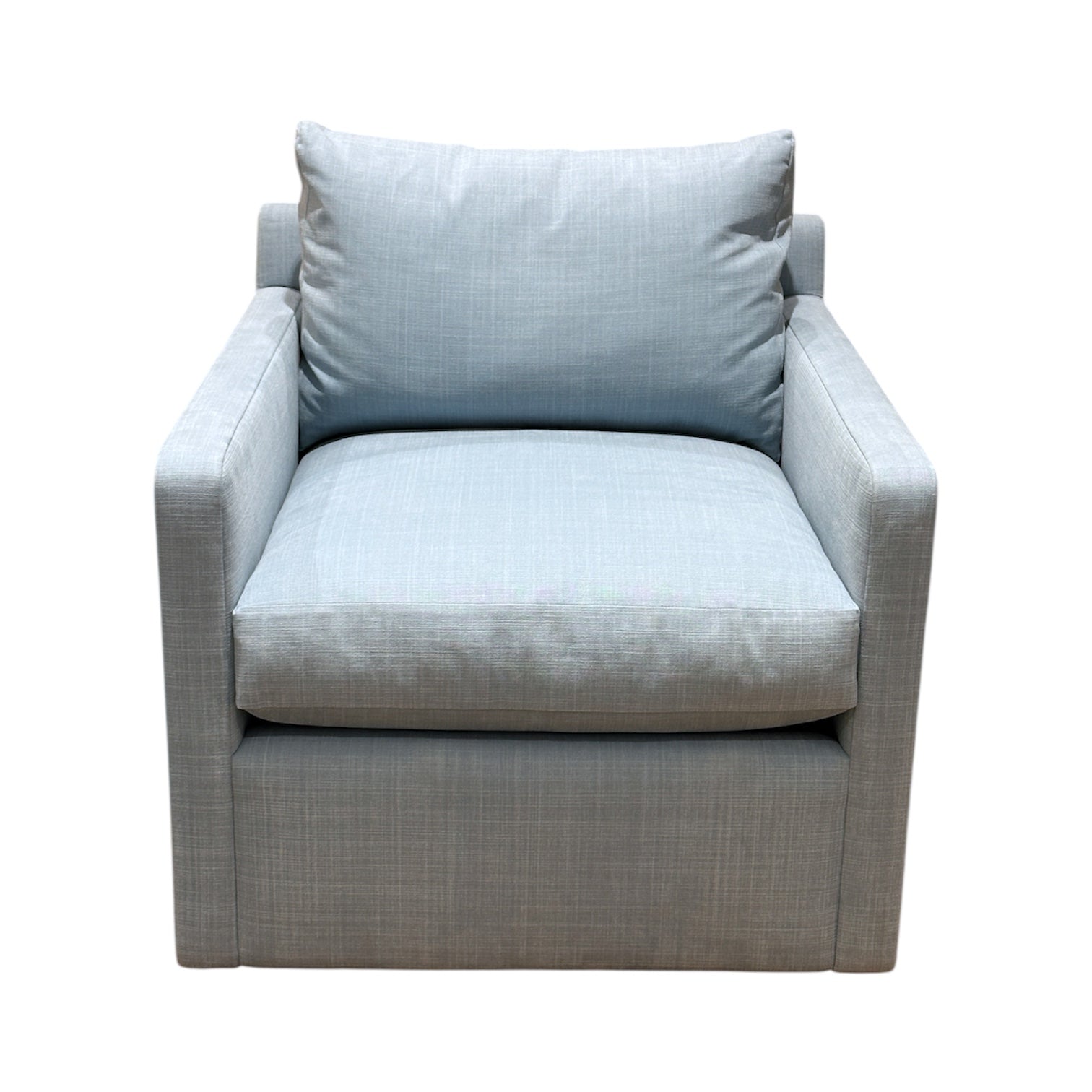 The A. Rudin 749 Lounge Chair features light gray upholstery, a boxy contemporary design, straight armrests, and a matching back cushion, shown from the front against a white background.