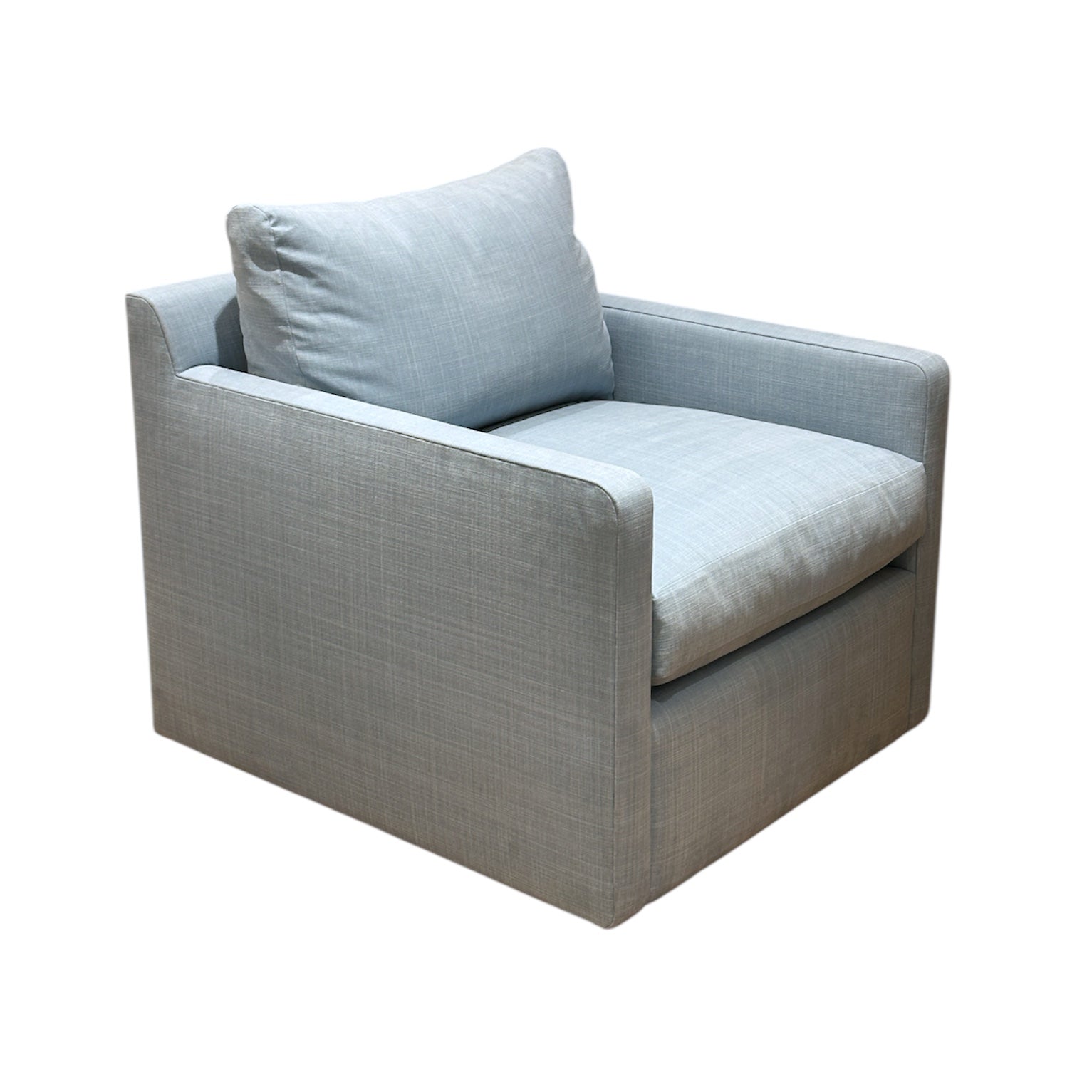 The A. Rudin 749 Lounge Chair features light gray custom fabric upholstery, square arms, a thick seat cushion, and a matching back cushion, shown against a white background.