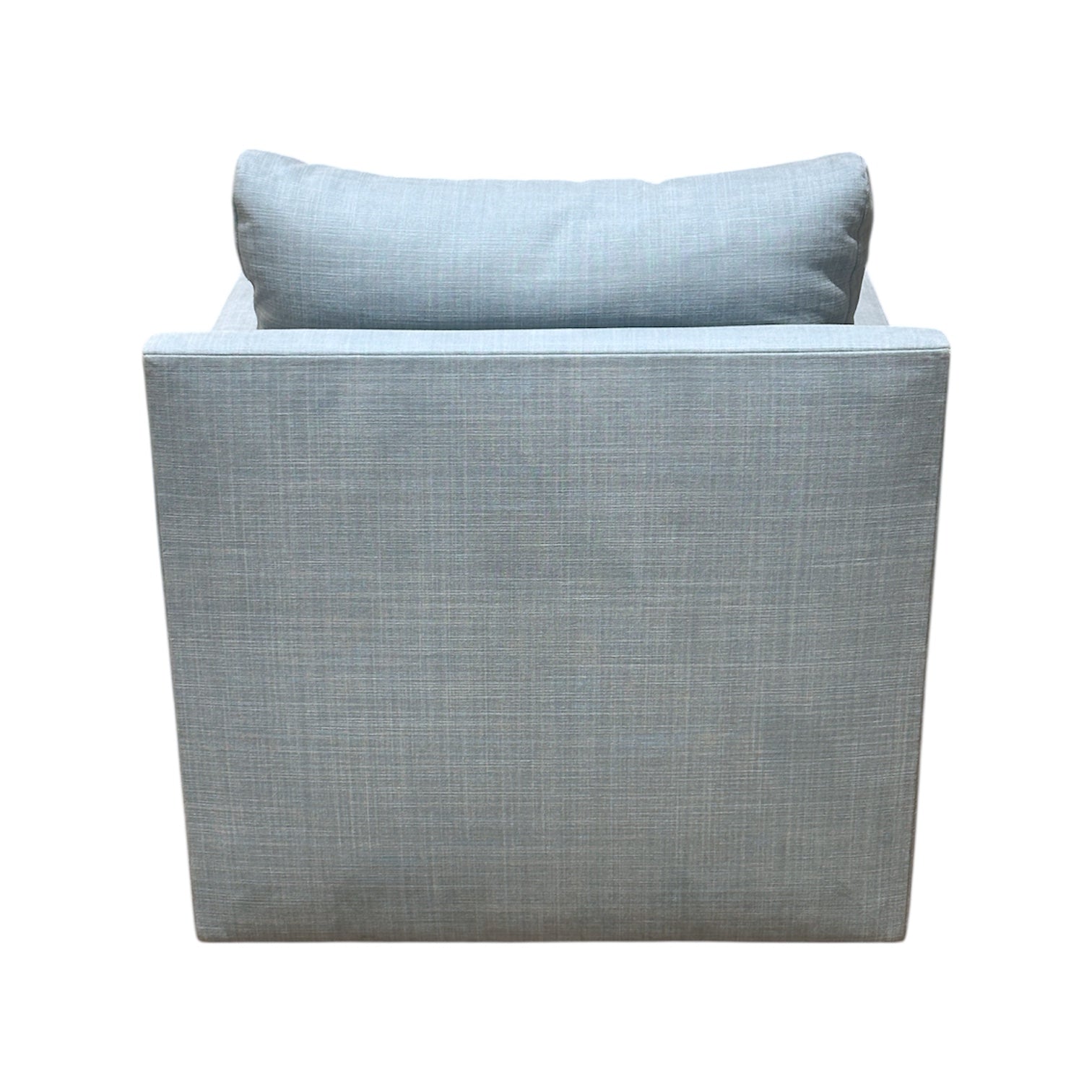 The 749 Lounge Chair by A. Rudin is shown from the back, displaying its rectangular silhouette, matching back cushion, and modern design wrapped in custom fabric upholstery.