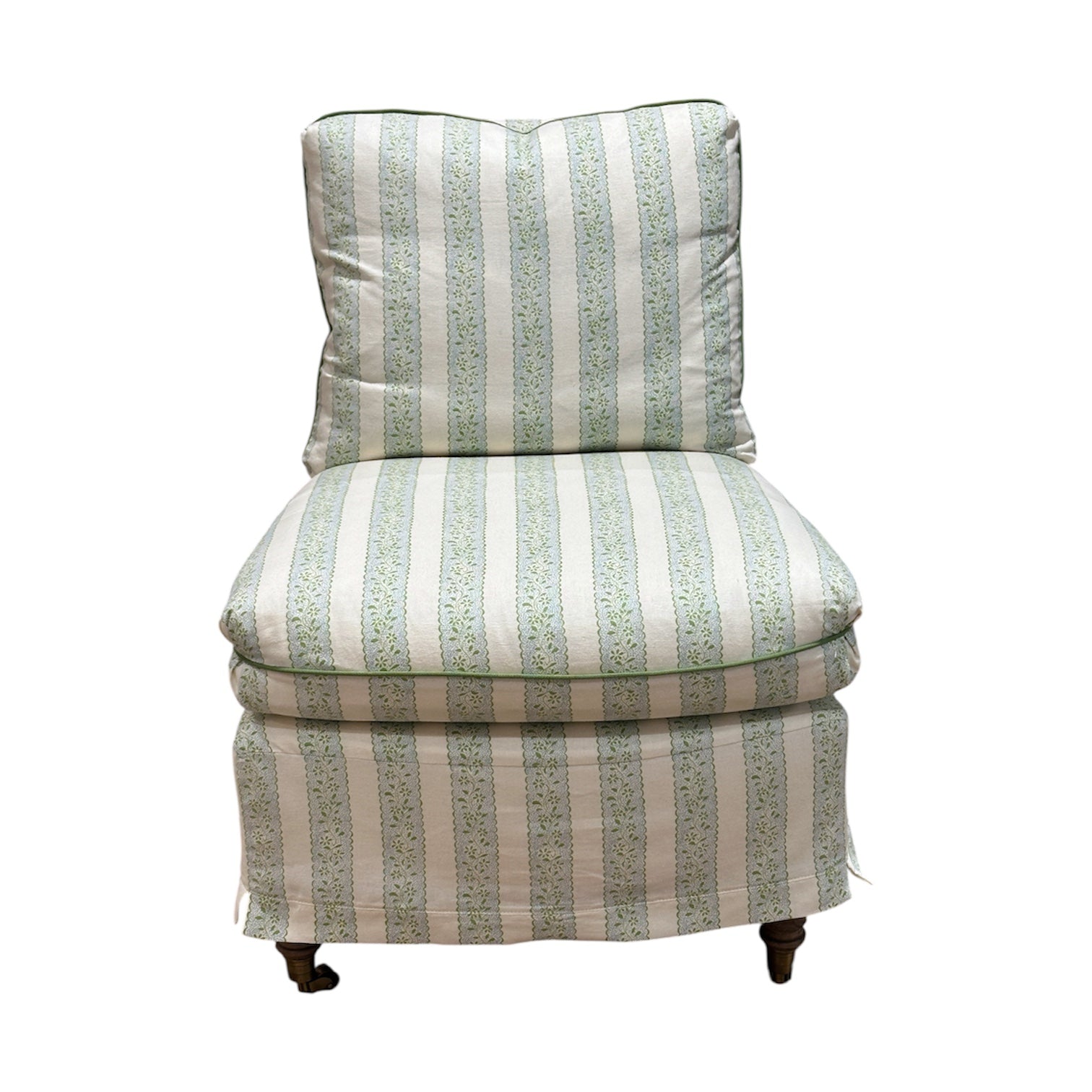 The Lee Industries Slipcovered Chair in Dolly Stripe features a green and white pattern, cushioned seat and back, and short wooden legs.