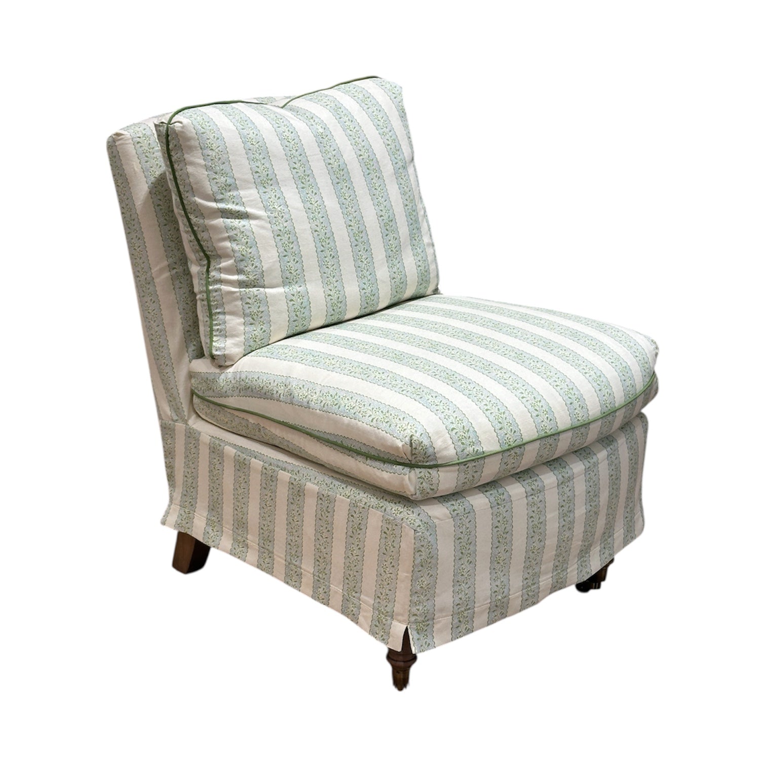The Lee Industries Slipcovered Chair in Dolly Stripe features a green and white striped design, cushioned seat and backrest, armless silhouette, slipcovered style, and sturdy wooden legs.
