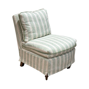 The Lee Industries Slipcovered Chair in Dolly Stripe features a green and white striped design, cushioned seat and backrest, armless silhouette, slipcovered style, and sturdy wooden legs.