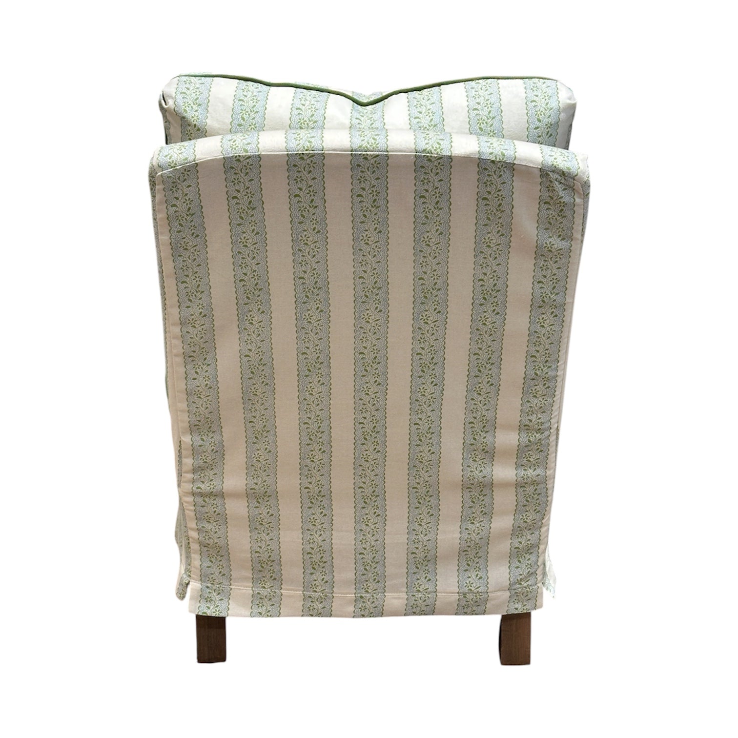 The Slipcovered Chair in Dolly Stripe by Lee Industries is shown from the back, featuring a lettuce green striped fabric and classic wooden legs.