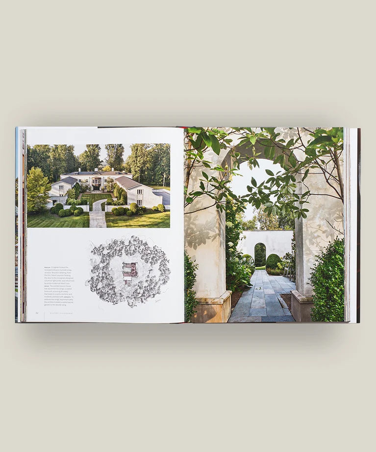 An open book, Pietro Cicognani: Architecture and Design by Common Ground, displays garden architecture; the left page presents a house, landscape plan, and drawing evocative of country houses, while the right page features a garden path through a stone archway framed by greenery—capturing the refined style showcased in Cicognani’s monographs.
