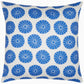 The Aleesa Outdoor Pillow by John Robshaw features a white background with blue circular floral patterns and is crafted to resist sun and rain.