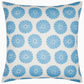 The Aleesa Outdoor Pillow by John Robshaw is a square white pillow with rows of blue circular floral designs. Rain and sun resistant, it's perfect for adding style and durability to your outdoor space.