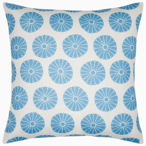 The Aleesa Outdoor Pillow by John Robshaw is a square white pillow with rows of blue circular floral designs. Rain and sun resistant, it's perfect for adding style and durability to your outdoor space.