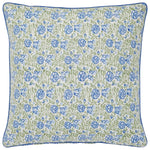 The Amit Pillow by John Robshaw features a blue and green floral pattern on white, accented with blue piping. This decorative pillow adds a fresh touch to any space.