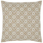 The Anju Sand Pillow by John Robshaw features hand-printed medallions and sand florals on a beige background, arranged in a symmetrical lattice of white and tan diamond outlines.