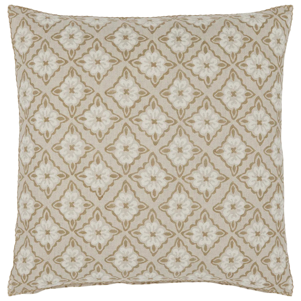 The Anju Sand Pillow by John Robshaw features hand-printed medallions and sand florals on a beige background, arranged in a symmetrical lattice of white and tan diamond outlines.