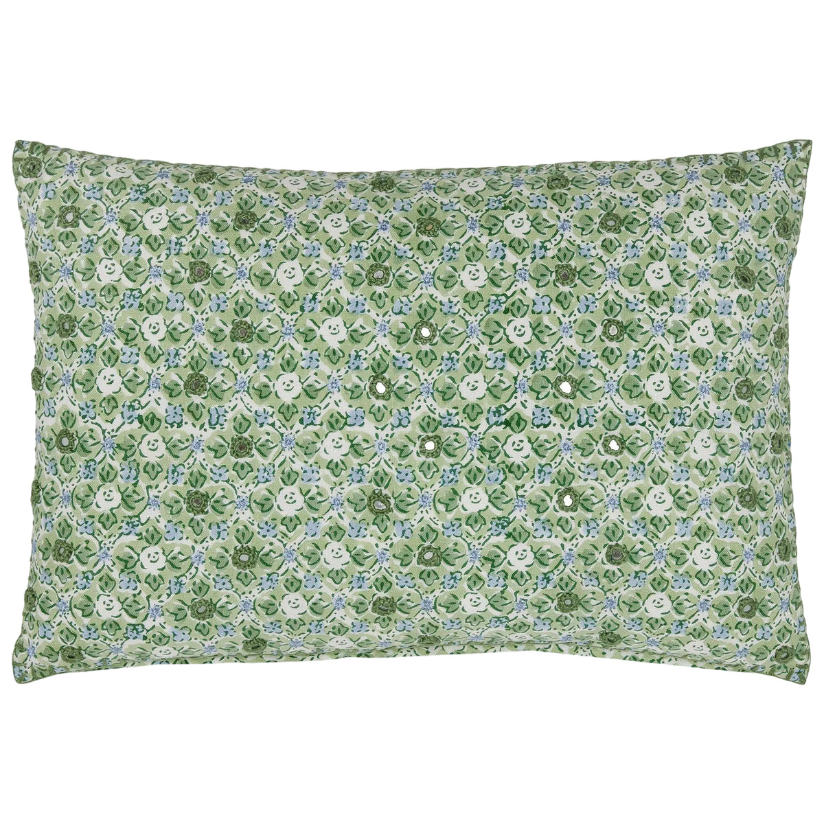 The Ankur Kidney Pillow by John Robshaw is a rectangular pillow adorned with green and white hand-printed florals, medallions, and small smiling face motifs repeated across its surface.