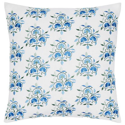 The Ankur Azure Pillow by John Robshaw features a square shape with a white background and a repeating pattern of blue and green embroidered flowers, crafted from soft cotton linen. It includes a hidden zipper closure for easy care and a seamless look.