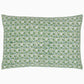 The Ankur Kidney Pillow by John Robshaw showcases a green and white floral pattern with small flowers evenly distributed across its rectangular surface, accented by delicate hand-printed medallions.