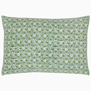 The Ankur Kidney Pillow by John Robshaw showcases a green and white floral pattern with small flowers evenly distributed across its rectangular surface, accented by delicate hand-printed medallions.