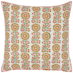 The Ashita Azalea Pillow by John Robshaw features block-printed pink, yellow, and green florals arranged in vertical rows on a white background for a bright, joyful look.