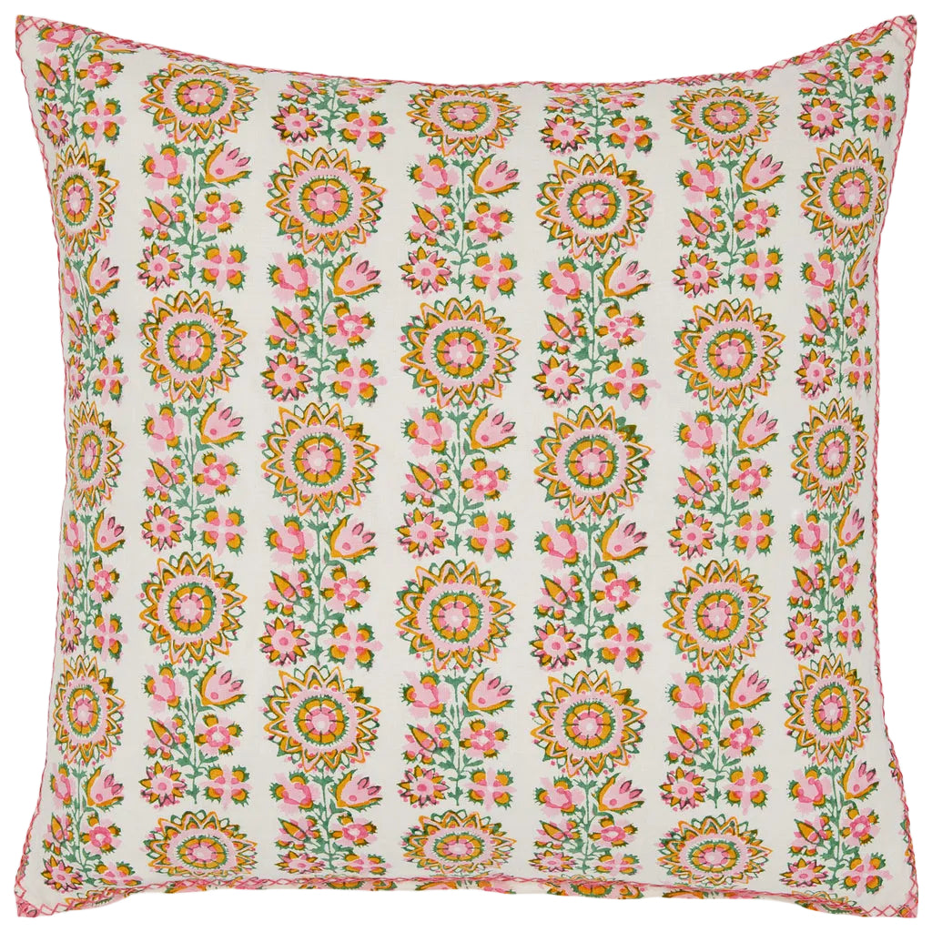 The Ashita Azalea Pillow by John Robshaw features block-printed pink, yellow, and green florals arranged in vertical rows on a white background for a bright, joyful look.