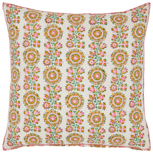 The Ashita Azalea Pillow by John Robshaw features block-printed pink, yellow, and green florals arranged in vertical rows on a white background for a bright, joyful look.