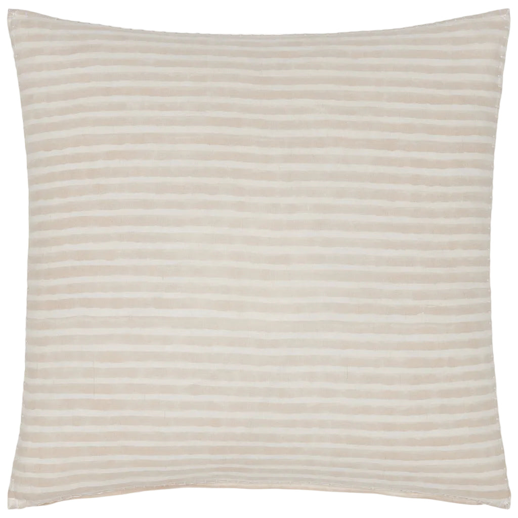 The Chavi Sand Pillow by John Robshaw features beige and white horizontal stripes inspired by Indian block prints, displayed against a white background.