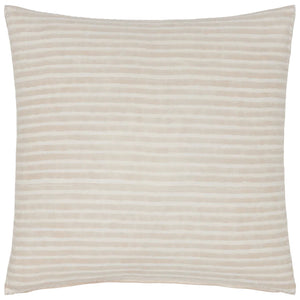 The Chavi Sand Pillow by John Robshaw features beige and white horizontal stripes inspired by Indian block prints, displayed against a white background.