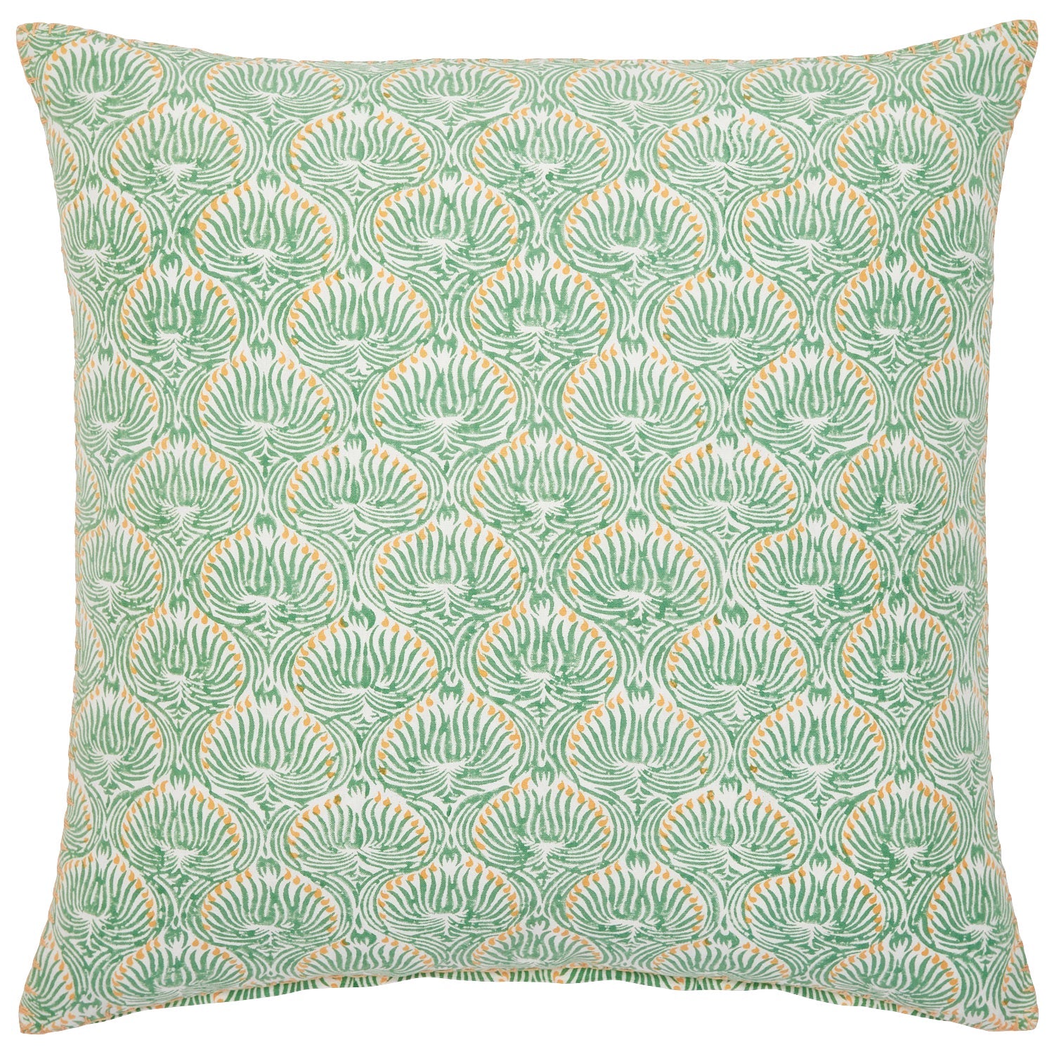 The John Robshaw Divit Sage Pillow features a hand block printed design with a green and gold intricate pattern of fans or leaves on a white background.