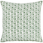 Square Indira Sage Pillow with a white background and vertical rows of sage green monsoon garden floral and vine patterns.