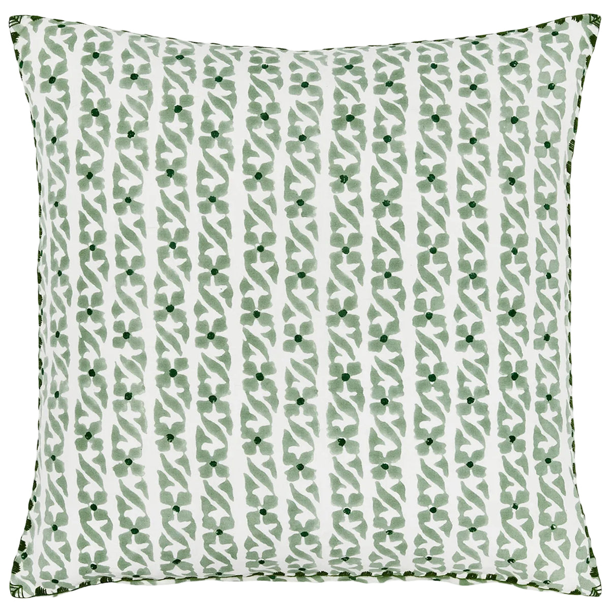 Square Indira Sage Pillow with a white background and vertical rows of sage green monsoon garden floral and vine patterns.