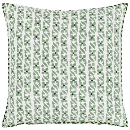 Square Indira Sage Pillow with a white background and vertical rows of sage green monsoon garden floral and vine patterns.