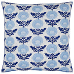The Kaavia Indigo Pillow by John Robshaw features a white background with repeating blue floral block print patterns and blue edging, inspired by the elegance of Jaipur’s palace gardens.